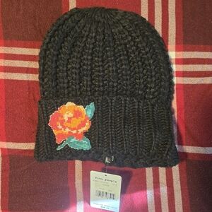 Free People Black Knit Beanie with Orange Floral Patch